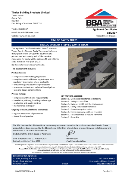 Timloc Building Products Everdry Stepped Cavity Trays: BBA Agrement Certificate 93 2937, Product Sheet 3 Issue 4