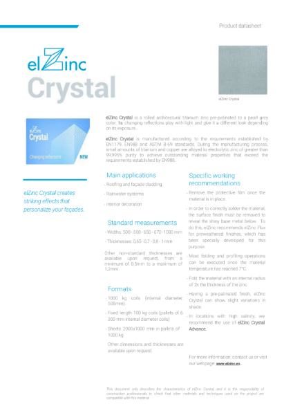 elZinc Crystal Pre-patinated Zinc Datasheet