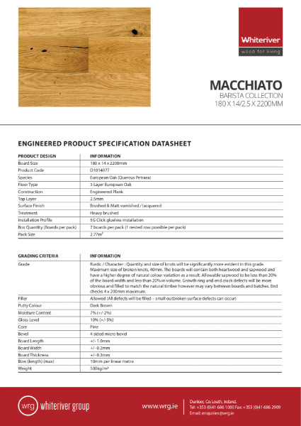 180 x 14 x 2200mm Barista Macchiato Plank Spec Sheet