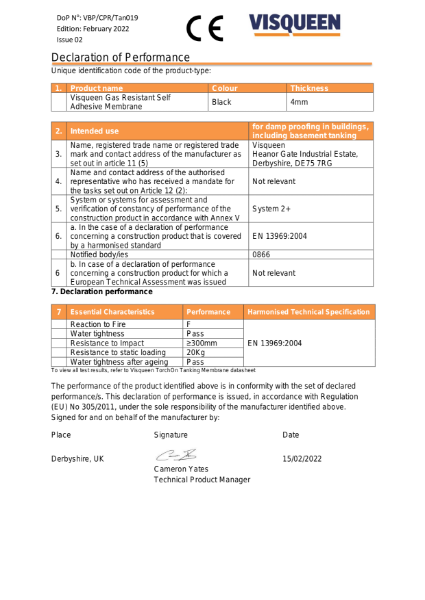 Tanking CE Visqueen TorchOn Tanking Membrane Declaration of Performance