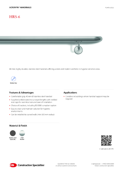 CS Acrovyn HRS-6 Stainless Steel Handrails_Product Sheet (09.23)