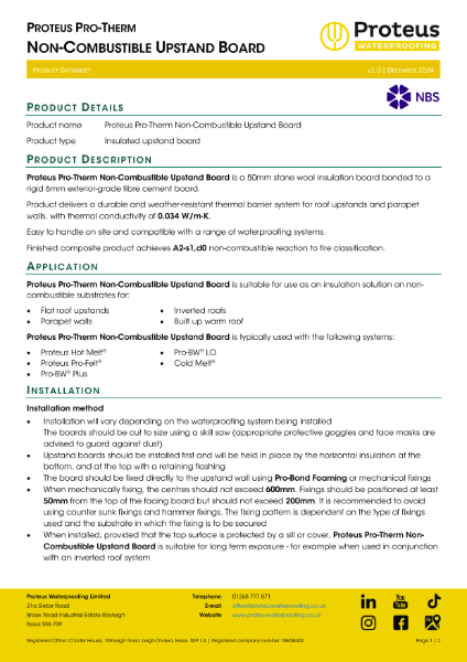 Product Data Sheet - Proteus Pro-Therm Non-Combustible Upstand Board