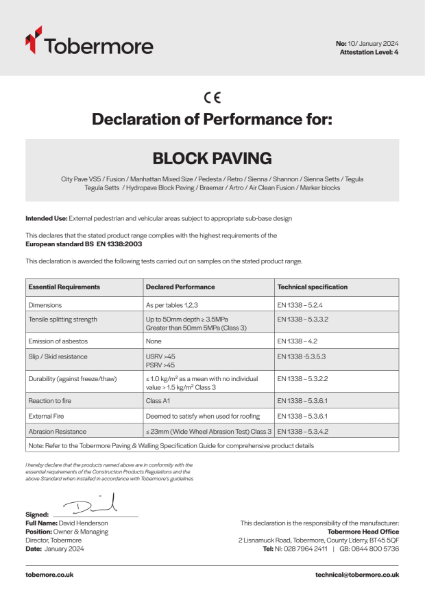 Block Paving Tobermore CE Declaration of performance January 2024