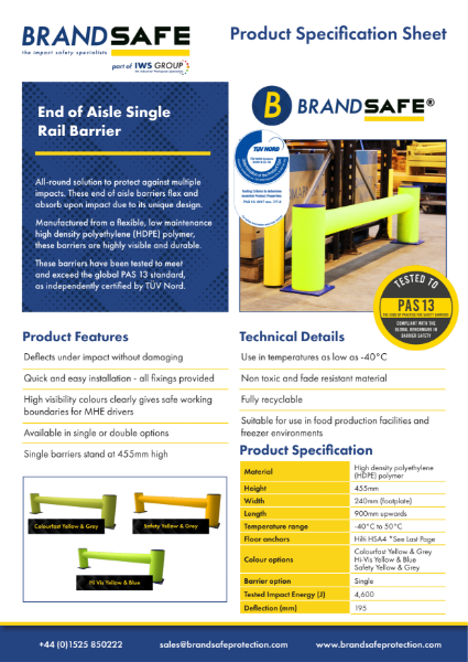 End of Aisle Safety Barrier (Single) - Brandsafe Spec Sheet