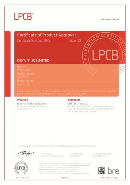 Certificate of Product Approval LPS 1581 issue 10