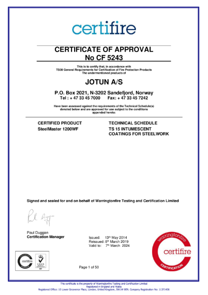 SteelMaster 600WF Certifire Certificate of approval