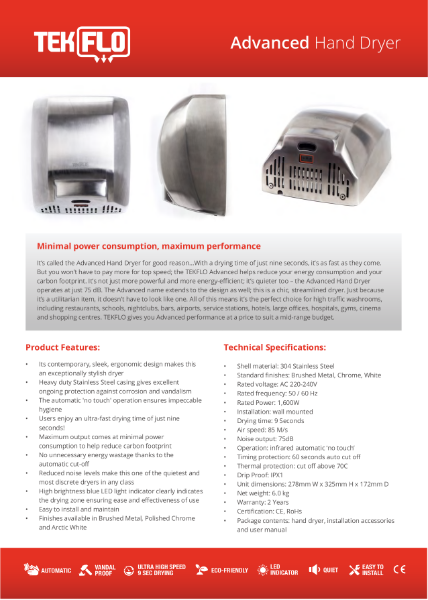 Tekflo Advanced Hand Dryer - Technical Specifications