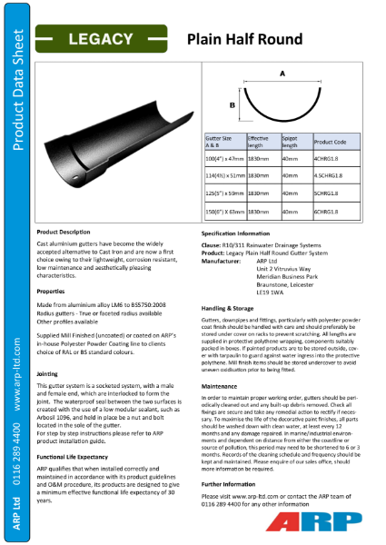 Legacy Plain Half Round Data Sheet