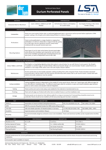 Durlum Metal Ceilings Data Sheet