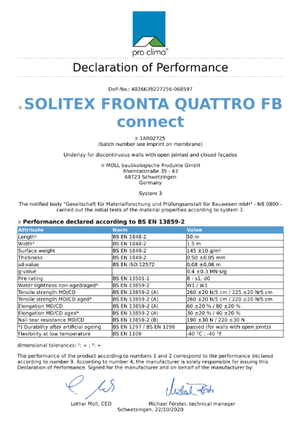 Solitex Fronta Quattro FB Connect Declaration of Performance (DOP)