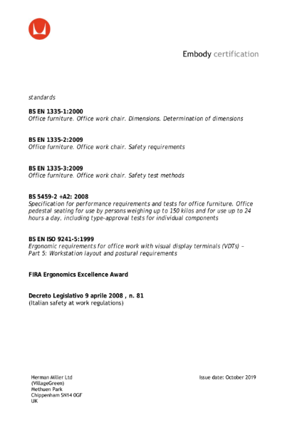 Embody Chair Certifications