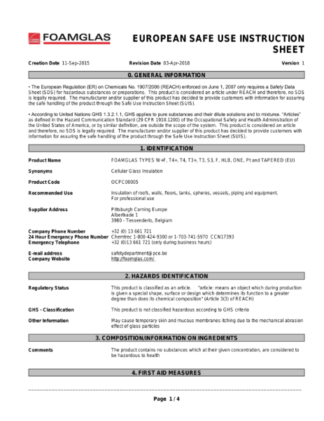 Foamglas T3+ European Safe Use Instruction Sheet