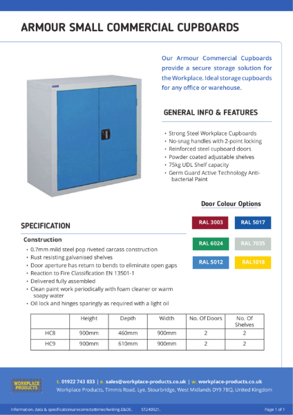 Armour Small Commercial Cupboards Data Sheet - Workplace Products