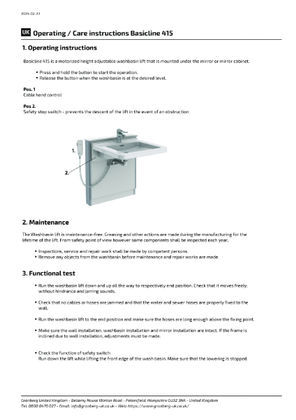 Operating + Care instructions Granberg Washbasin lift Basicline 415