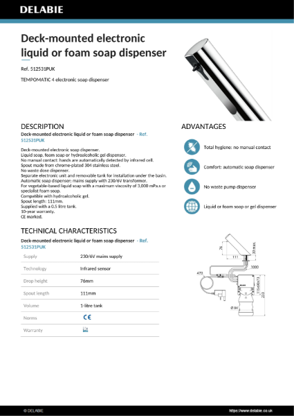 Deck-mounted electronic liquid or foam soap dispenser Data Sheet – 512531PUK