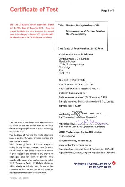 Newton HydroBond 403 GB – Gas Permeability Certificate