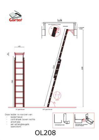 Gorter Ladder OL208 for Roof Hatch - max floor height 3285 mm – Technical 2D Drawing