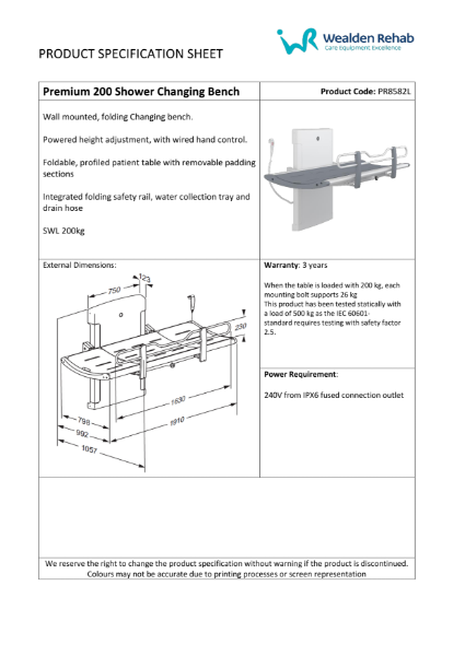 Premium 200 Shower Changing Bench - Product Specification Sheet