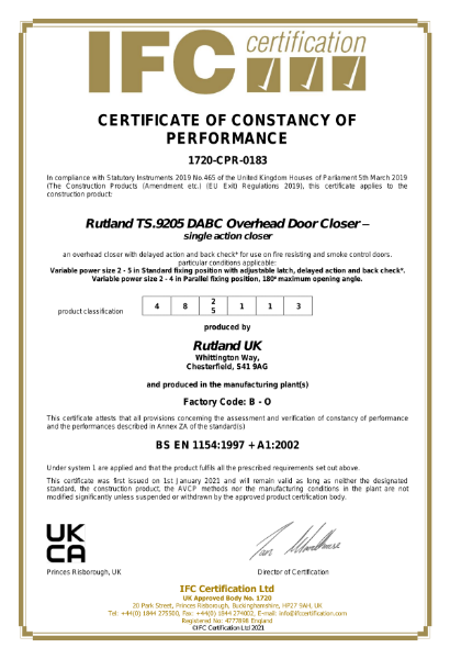 TS.9205 - BS EN 1154 - UKCA - Certificate of Constancy of Performance - IFC