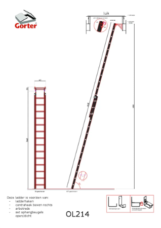 Gorter Ladder OL214 for Roof Hatch - max floor height 6185 mm – Technical 2D Drawing