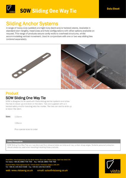 SOW Sliding One Way Tie Data Sheet