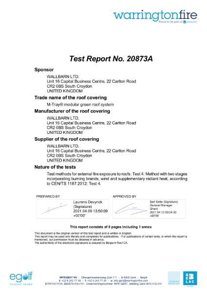 Classification certificate - M-Tray B ROOF t4 Test Report