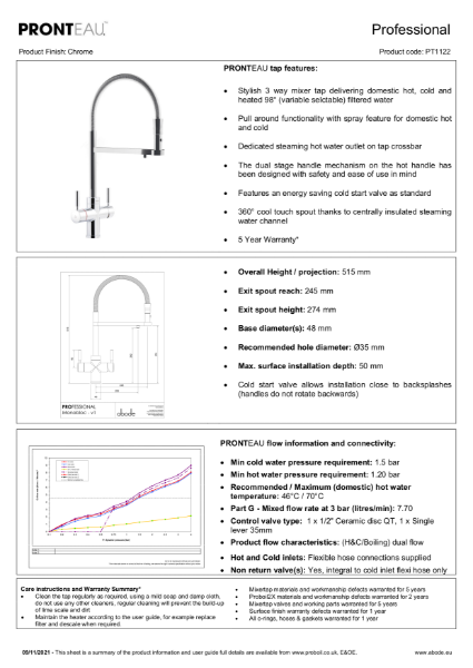 PT1122 Pronteau Prostyle (Chrome),  3 IN 1 Steaming Hot Water Tap - Consumer Specification