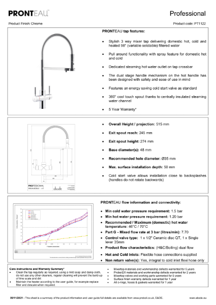 PRONTEAU™ Professional 3 in 1 Tap Chrome - Consumer Specification