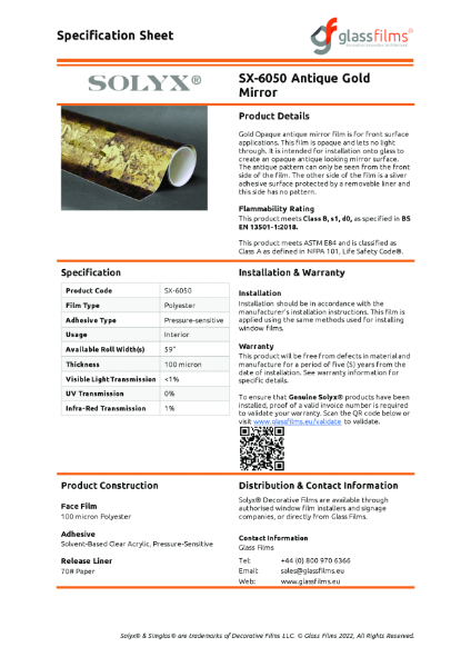 SX-6050 Antique Gold Specification Sheet