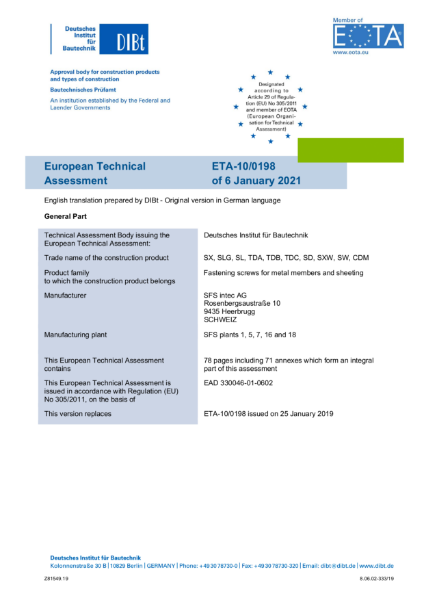 European Technical Approval: ETA -10/0198 | SFS Group Fastening ...