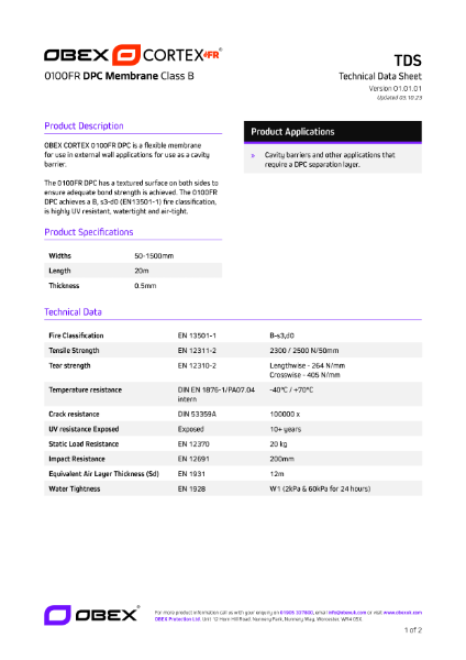 OBEX CORTEX 0100FR Class B DPC/DPM Membrane - TDS