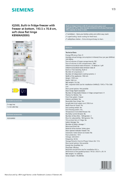 iQ500, Built-in fridge-freezer with freezer at bottom, 193.5 x 70.8 cm, soft close flat hinge KB96NADD0G