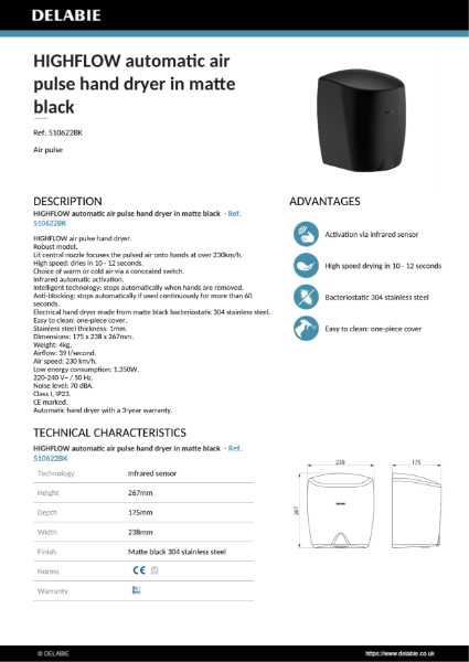 Highflow Hand Dryer - Matte Black Product Data Sheet