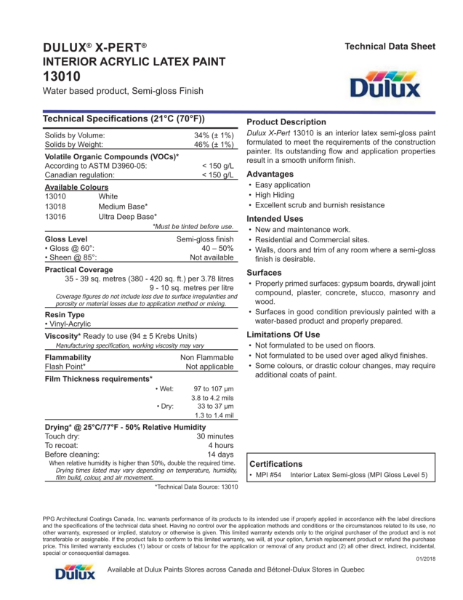 Dulux® X-Pert® Interior Acrylic Latex Paint 13010