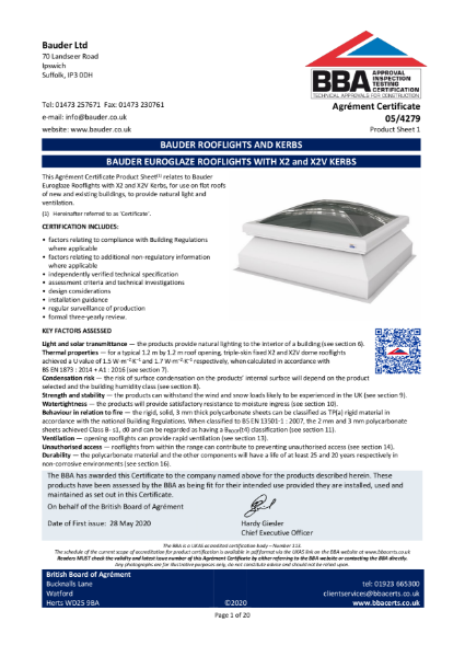 Certificate: Bauder Euroglaze Rooflights With X2 and X2V Kerbs 05/4279